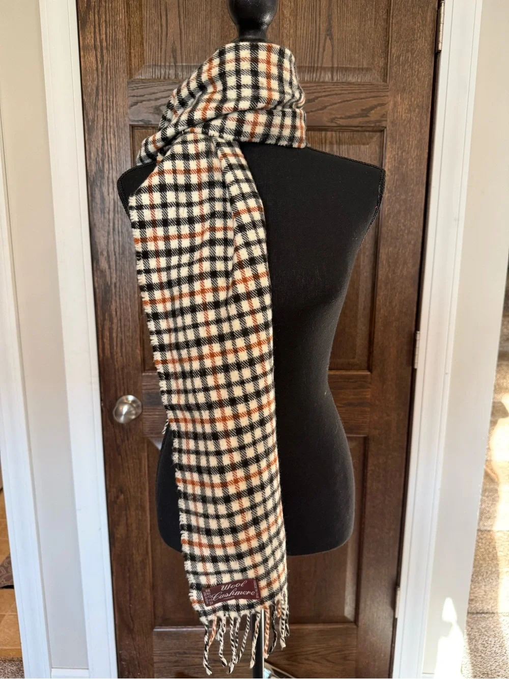 Cream Plaid Fringe Scarf with Black and Rust Check Wool Cashmere